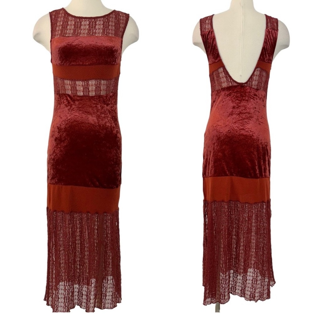 Free People Keep In Line Velvet Midi Dress Sheer Crochet Lace Open Back | Small